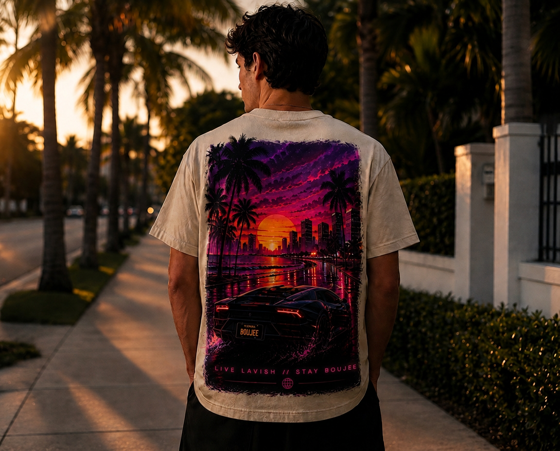 Already Up tee worn on a Miami sidewalk at dusk