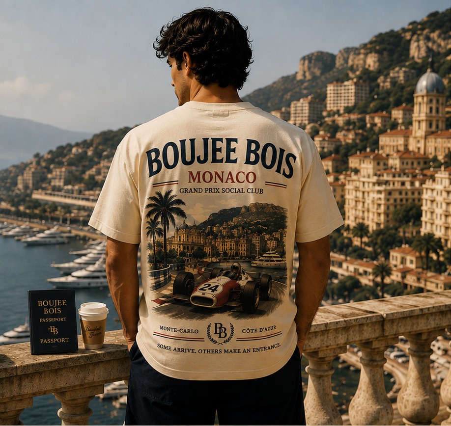 Grand Prix Social Club tee worn above the Monte-Carlo harbour