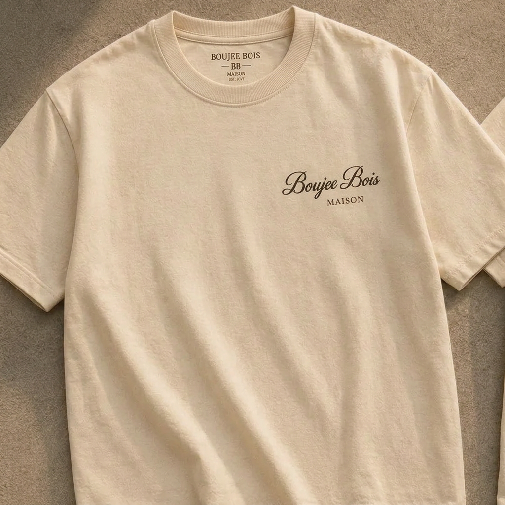 Model wearing the natural Boujee Bois tee with script chest embroidery