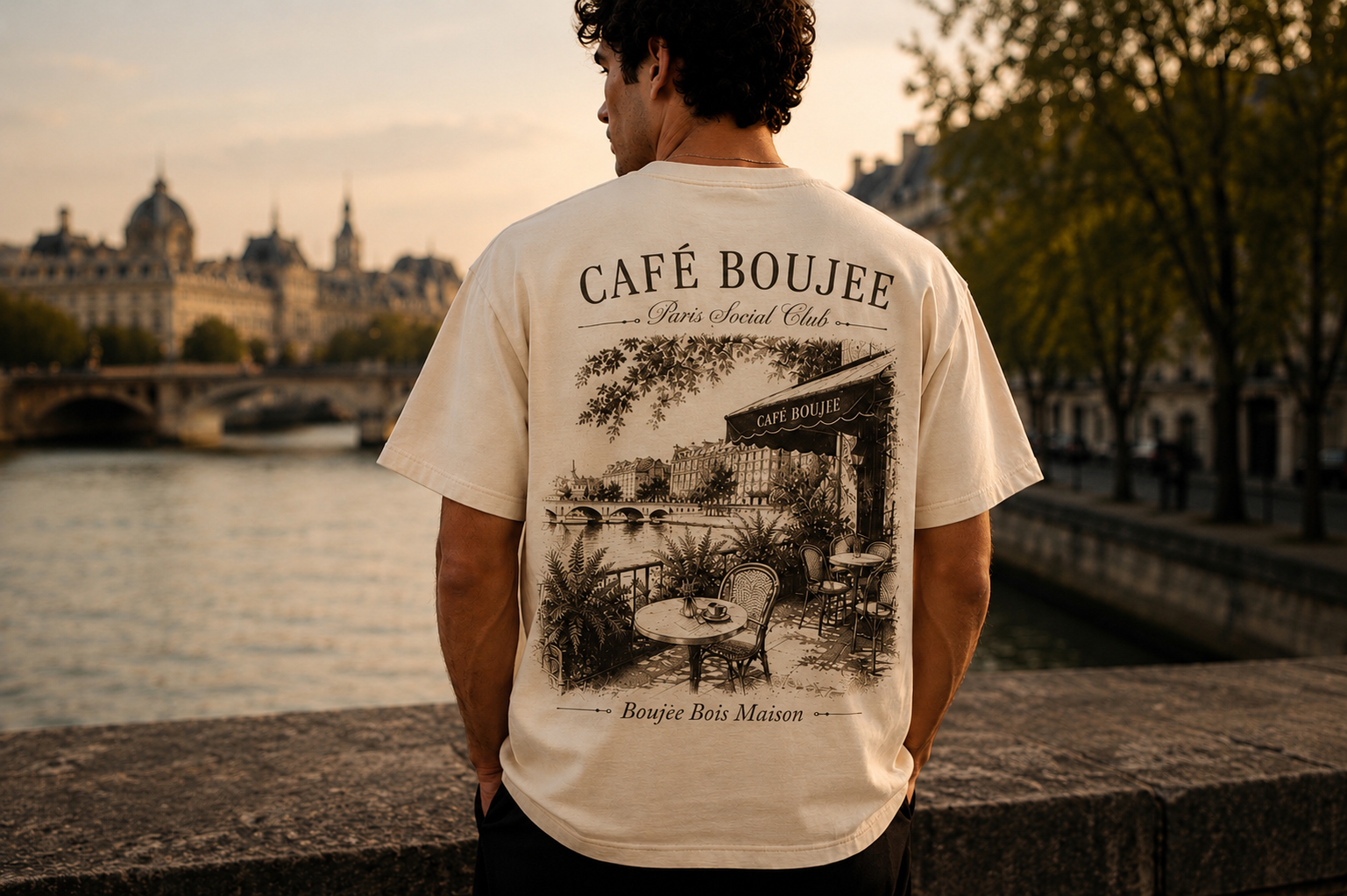 Model wearing the Café Boujee heavyweight tee on the banks of the Seine at golden hour