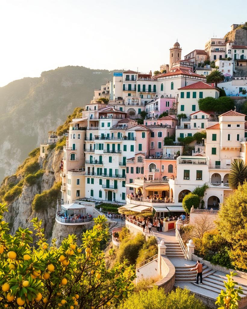 The Amalfi coast cliffside at golden hour with lemon trees