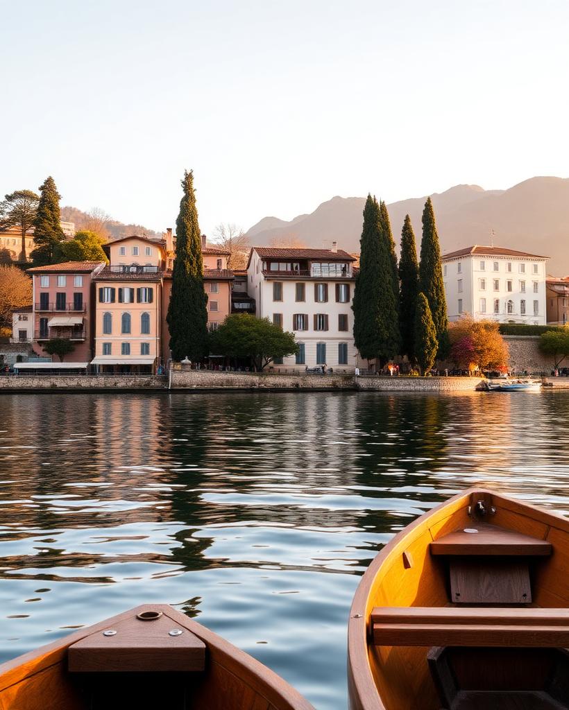 Pastel villas along Lake Como at golden hour