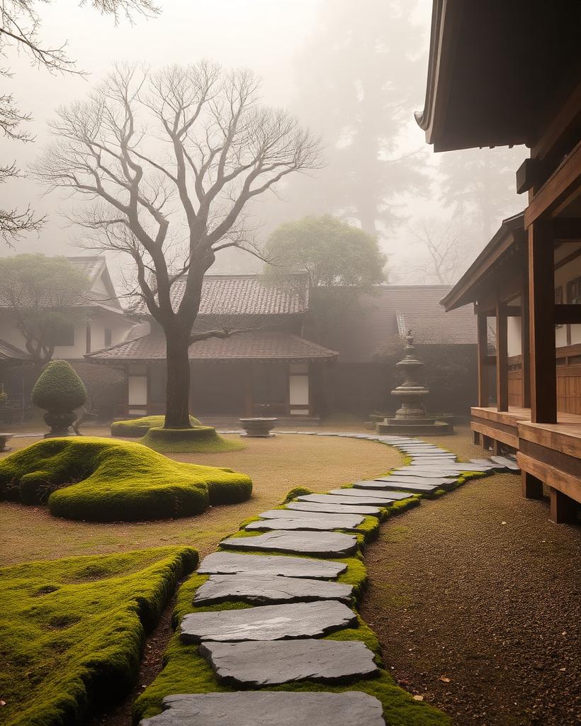 A misty temple garden in Kyoto at dawn