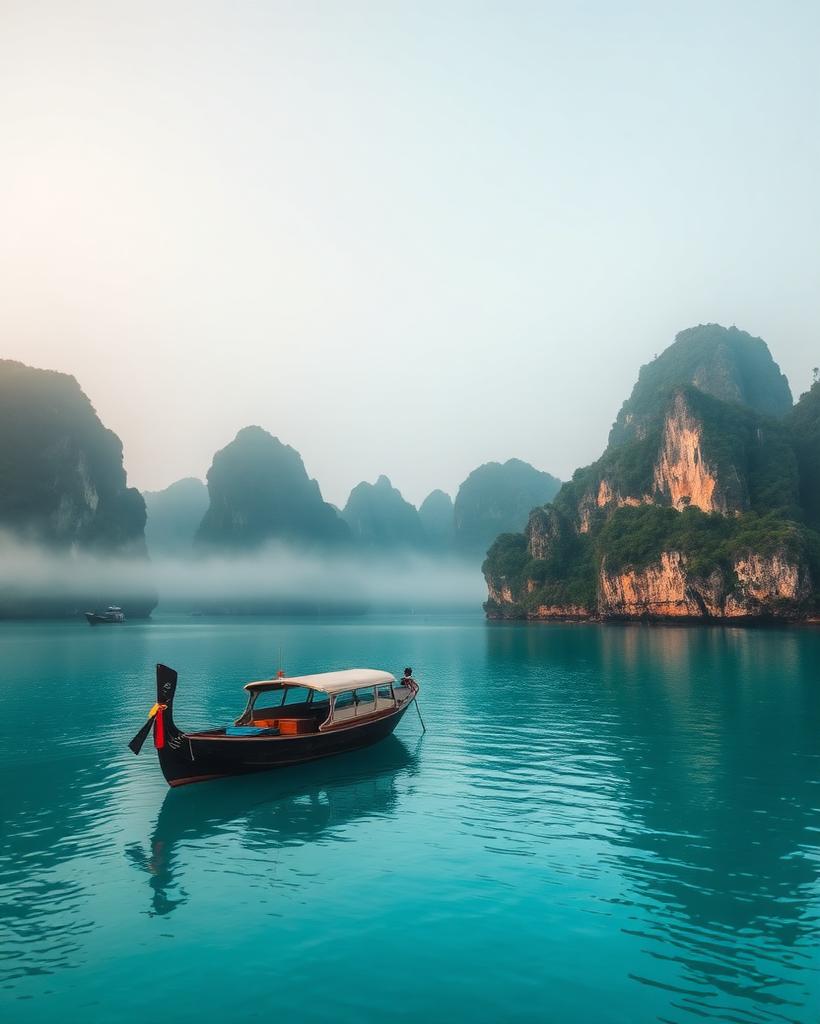 Limestone karsts rising from calm turquoise water at dawn