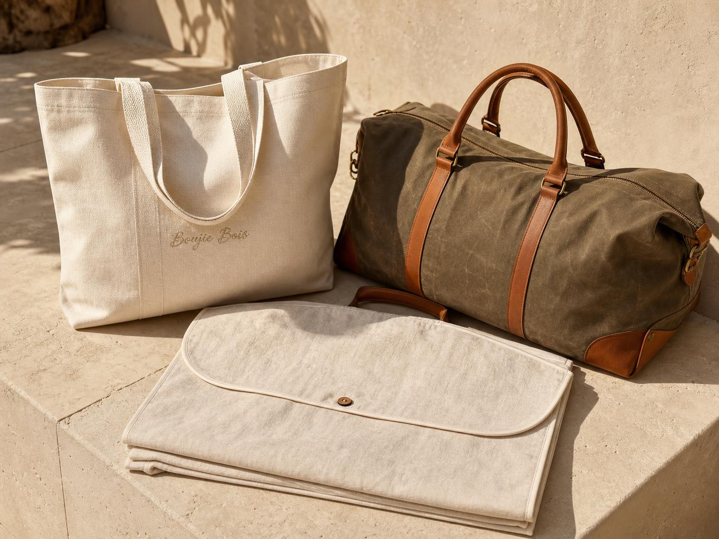 Canvas tote, linen garment bag and waxed canvas weekender on warm stone
