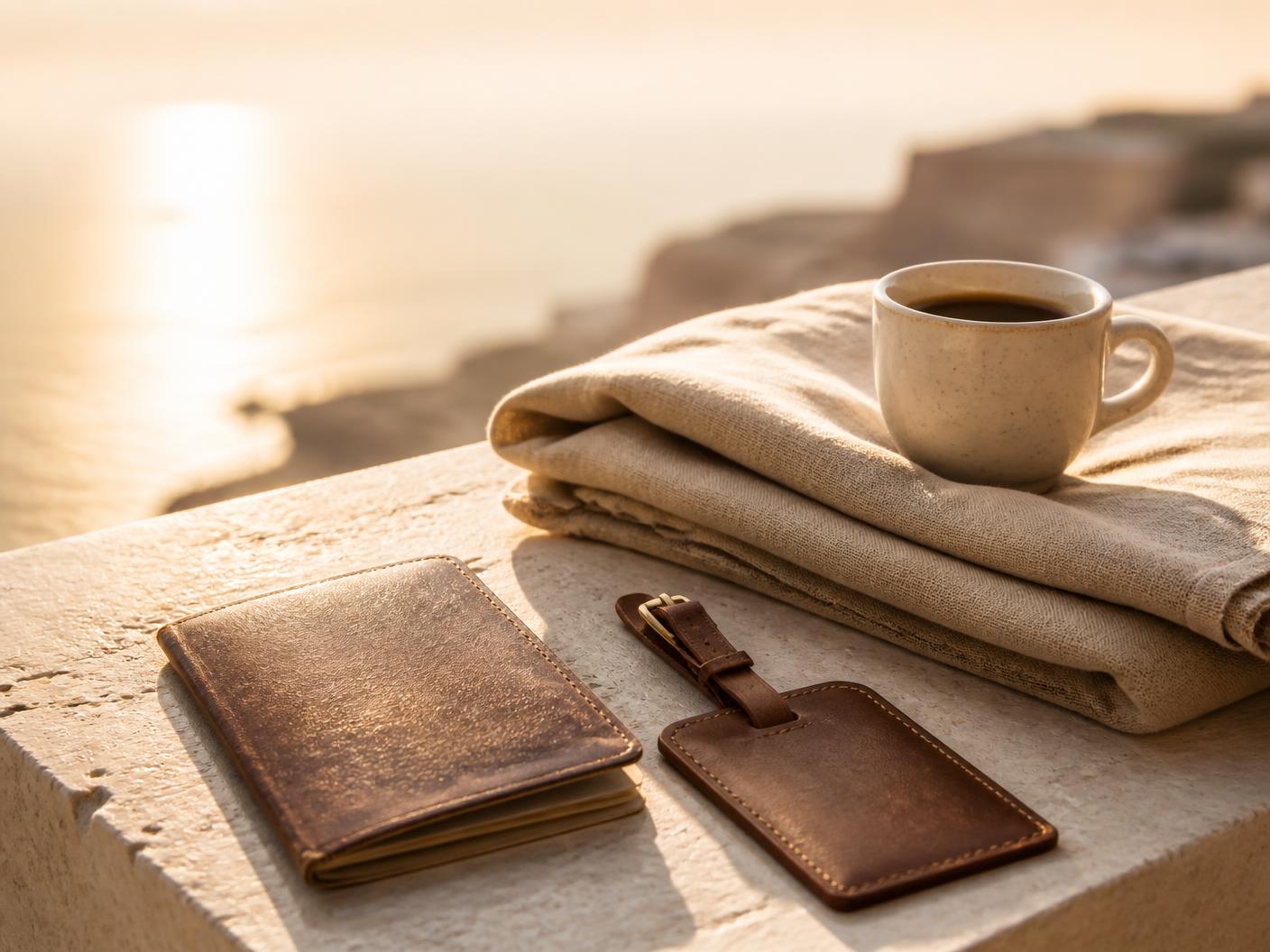 A passport, leather luggage tag and folded linen on a sunlit stone ledge